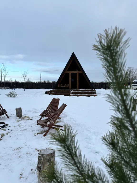 Уютный панорамный треугольный дом A-frame с видом и окружением леса