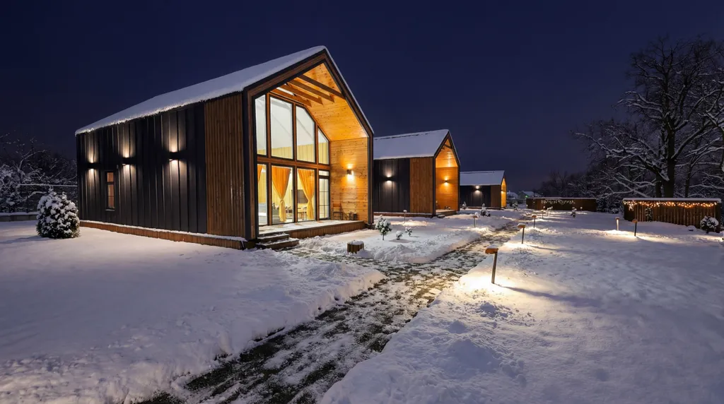 Современный двухэтажный дом из натурального дерева, с большими окнами