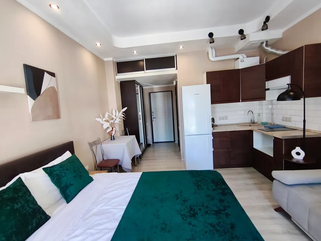 Стильная студия с балконом и  панорамным видом на горы