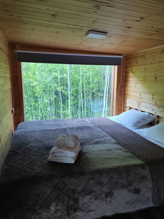 Скандинавский домик с панорамным окном в лесу