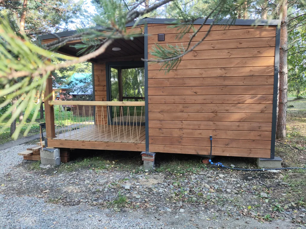 Домик с панорамными окнами в лесу