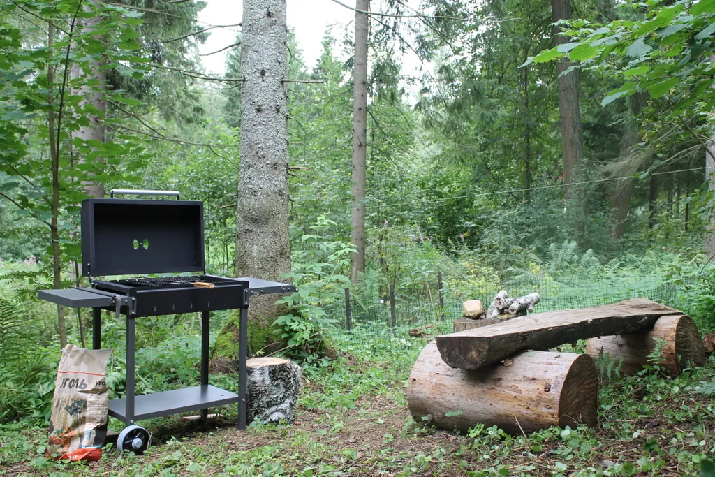 Дом с ванной у панорамных окон и высокой террасой в лесу