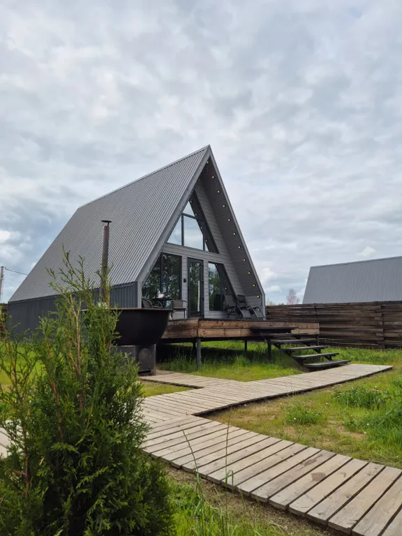 А-фрейм Жемчужный с сибирским банным чаном и баней на берегу озера