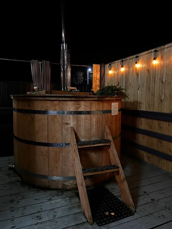 Дом с купелью и сауной, костровой зоной, мангалом и качелями