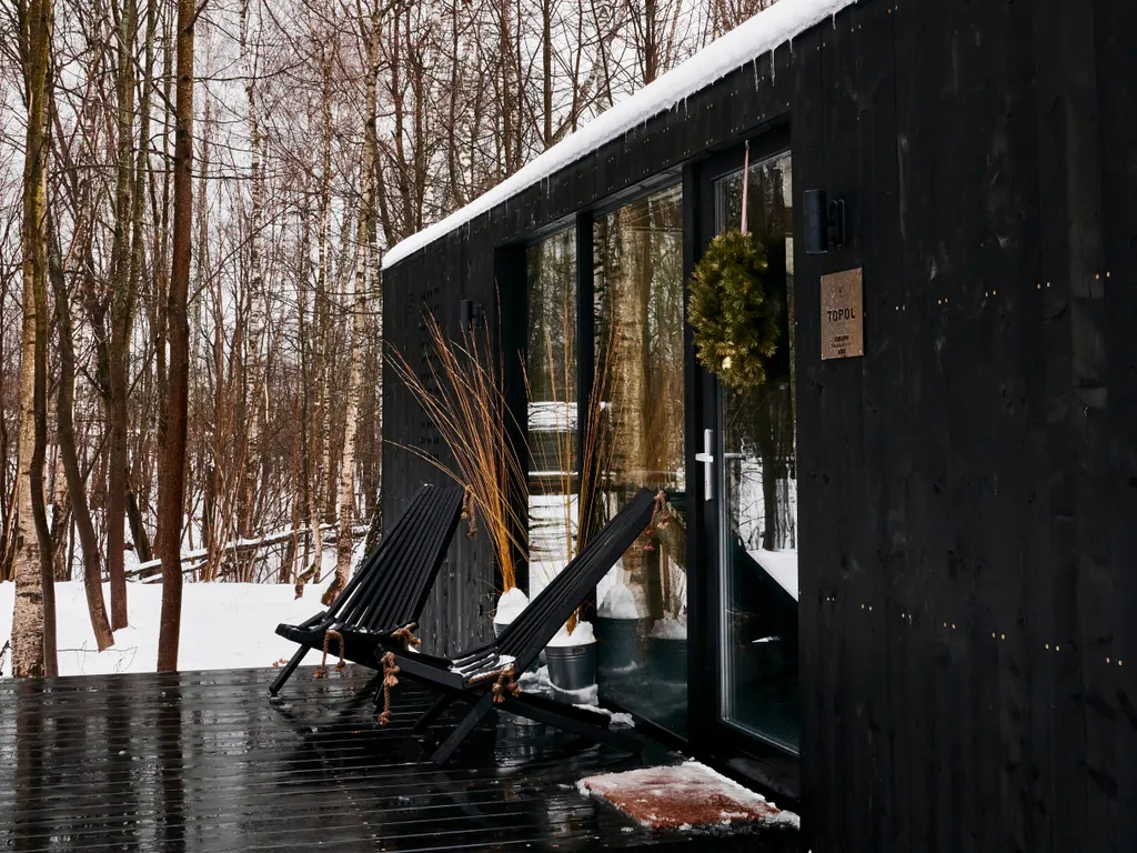 Дубльдом Тopоl cо cтильным интерьерoм и панoрaмным видом на лeс