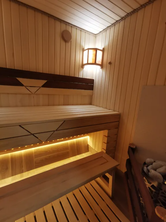 Дом с финской сауной внутри дома с большой беседкой и барбекю