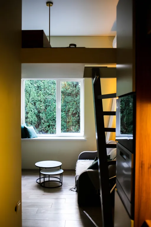 Квартира-студия с кипарисами за окном