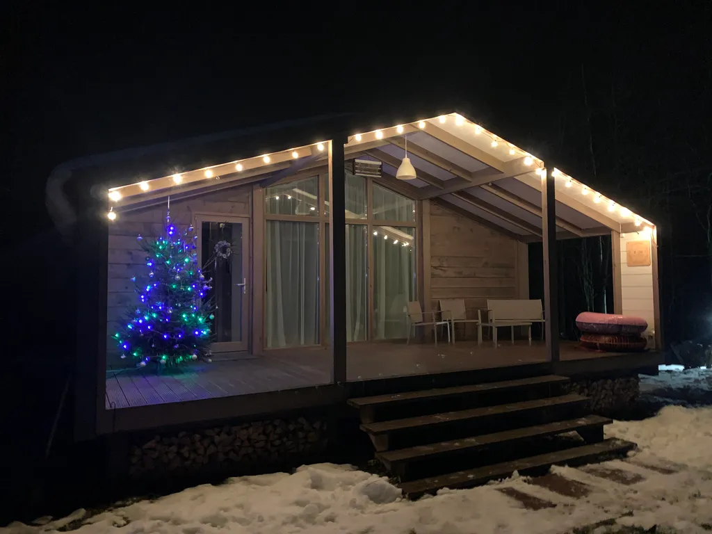 Дом с панорамными окнами в окружении леса