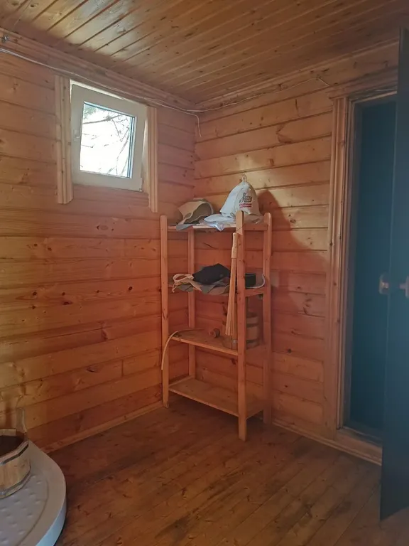 Коттедж с французскими окнами на участке с соснами и берёзами