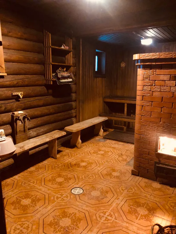 Изба (дом) из экологически чистого бревна под камышовой крышей в лесу