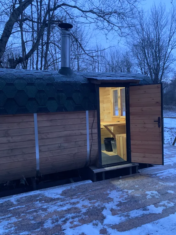 Дом с панорамными окнами в окружении леса