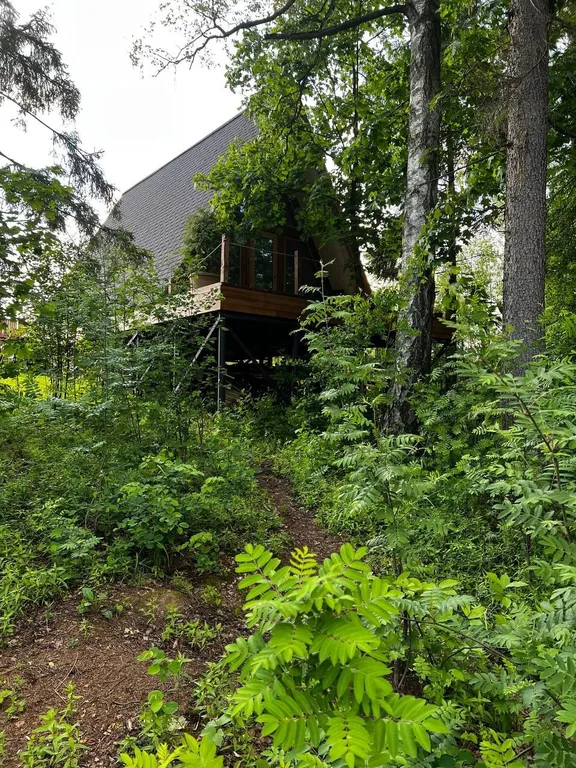 Лесной домик a-frame с террасой на холме, среди высоченных елей и берез
