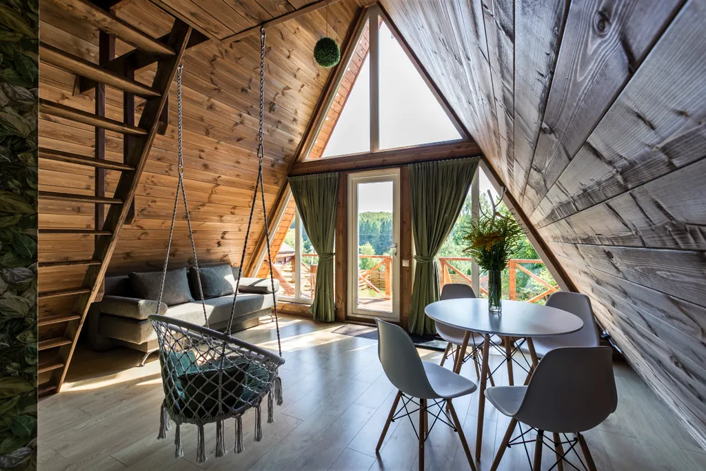 А-фрейм уютный домик у леса  с чаном