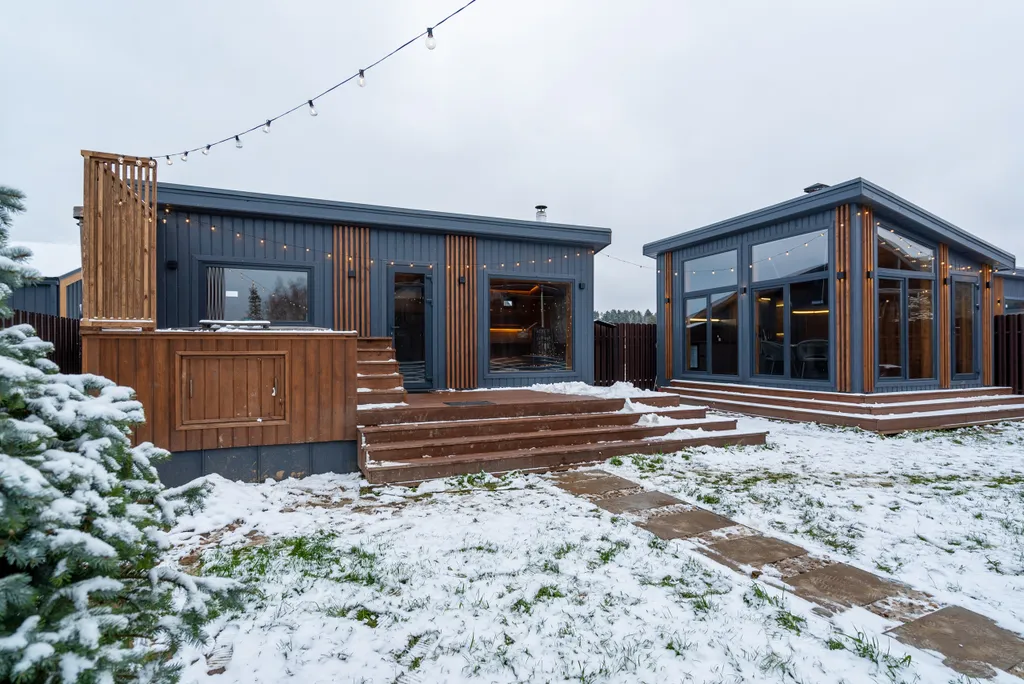 Теплый панорамный дом с русской баней и купелью