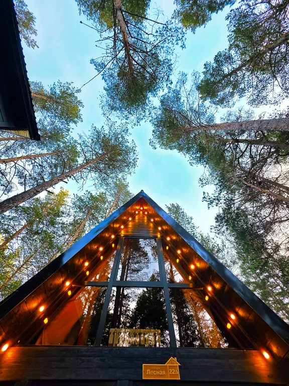 Дом в стиле а-фрейм в сосновом лесу, рядом с горной речкой, экологичес