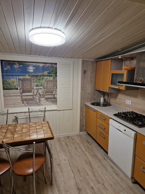 Дом с финской сауной внутри дома с большой беседкой и барбекю