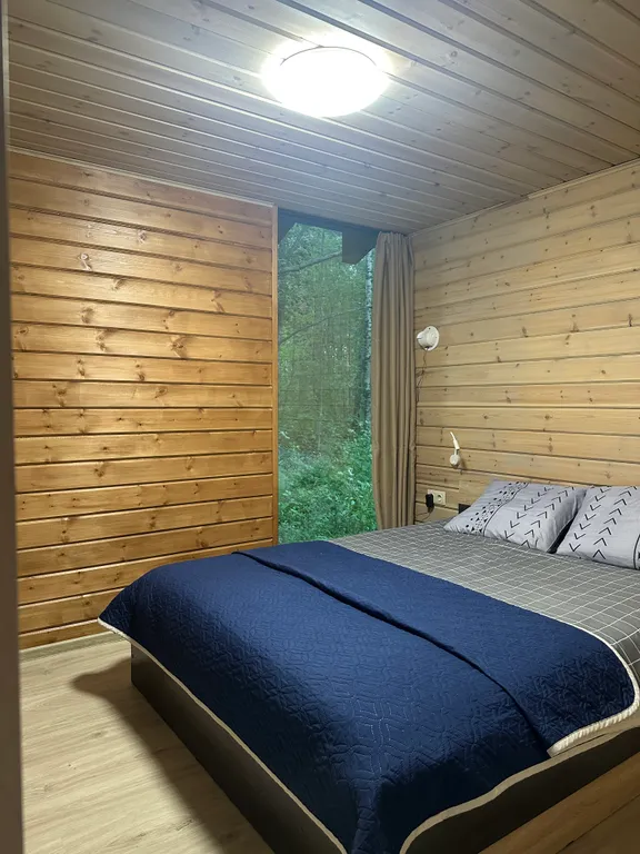 Дом с чаном и панорамными окнами с видом на лес