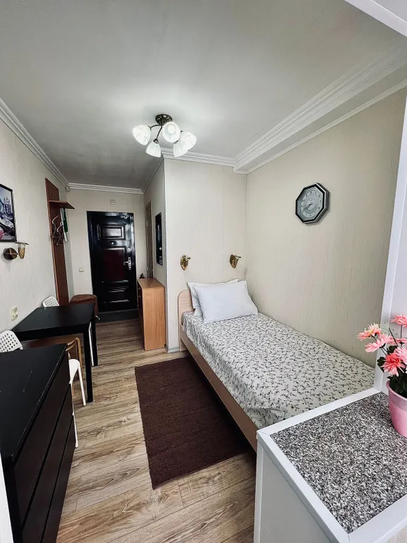 Уютная студия с односпальной кроватью, кухней и видом на город