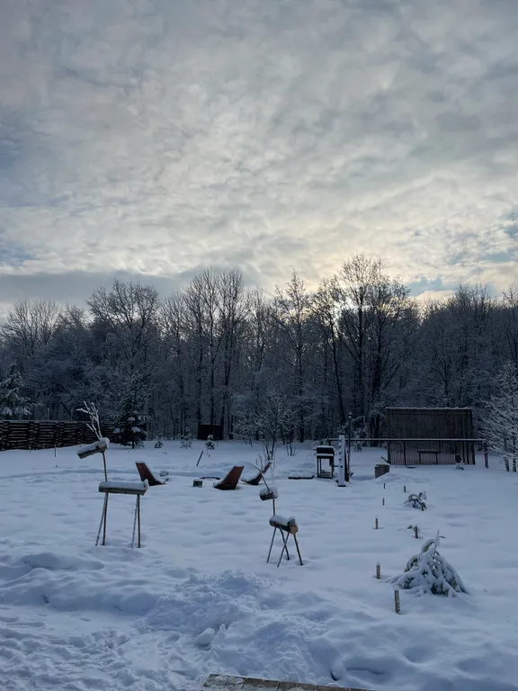 Уютный панорамный треугольный дом A-frame с видом и окружением леса