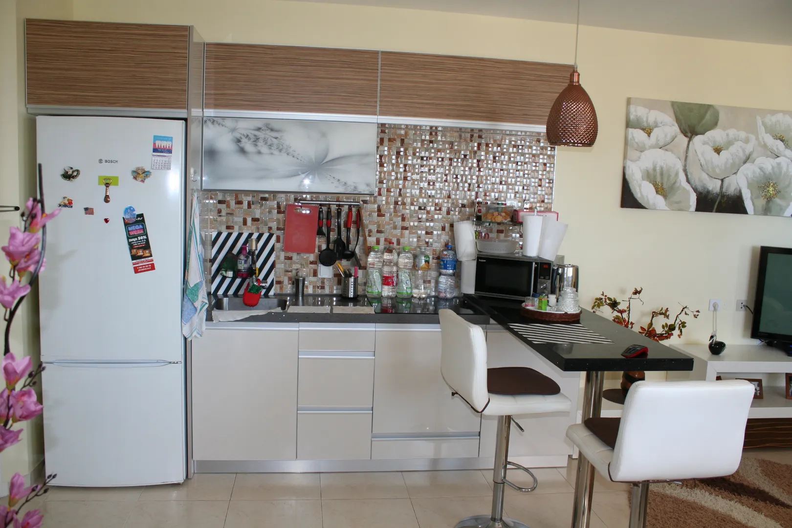 Кухня + салон с холодильником, электроплитой, микроволновкой, барной стойкой и 3-мя барными стульями