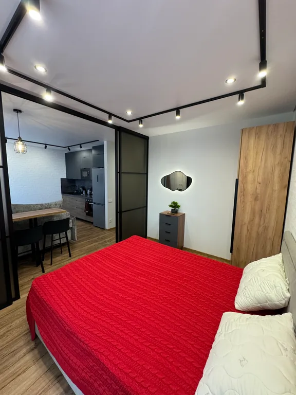 Квартира в стиле лофт с отдельной спальной зоной и гардеробной