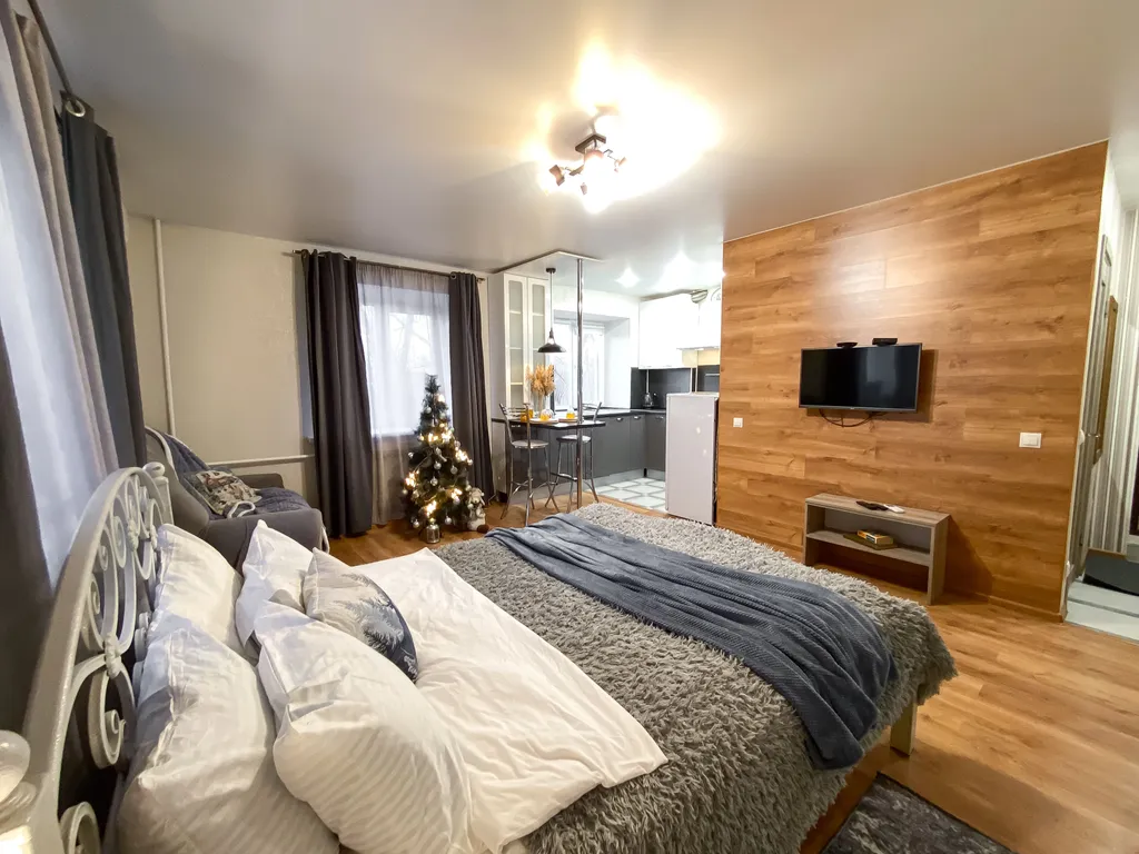 Студия с ёлочкой и балконом в центре города