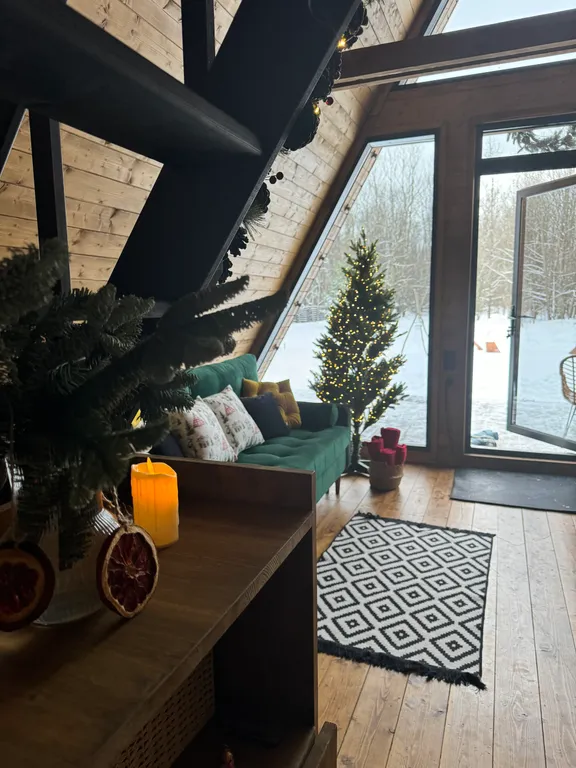 Уютный панорамный треугольный дом A-frame с видом и окружением леса