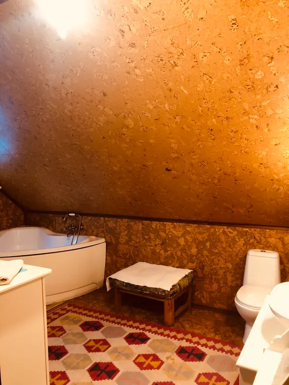 Изба (дом) из экологически чистого бревна под камышовой крышей в лесу