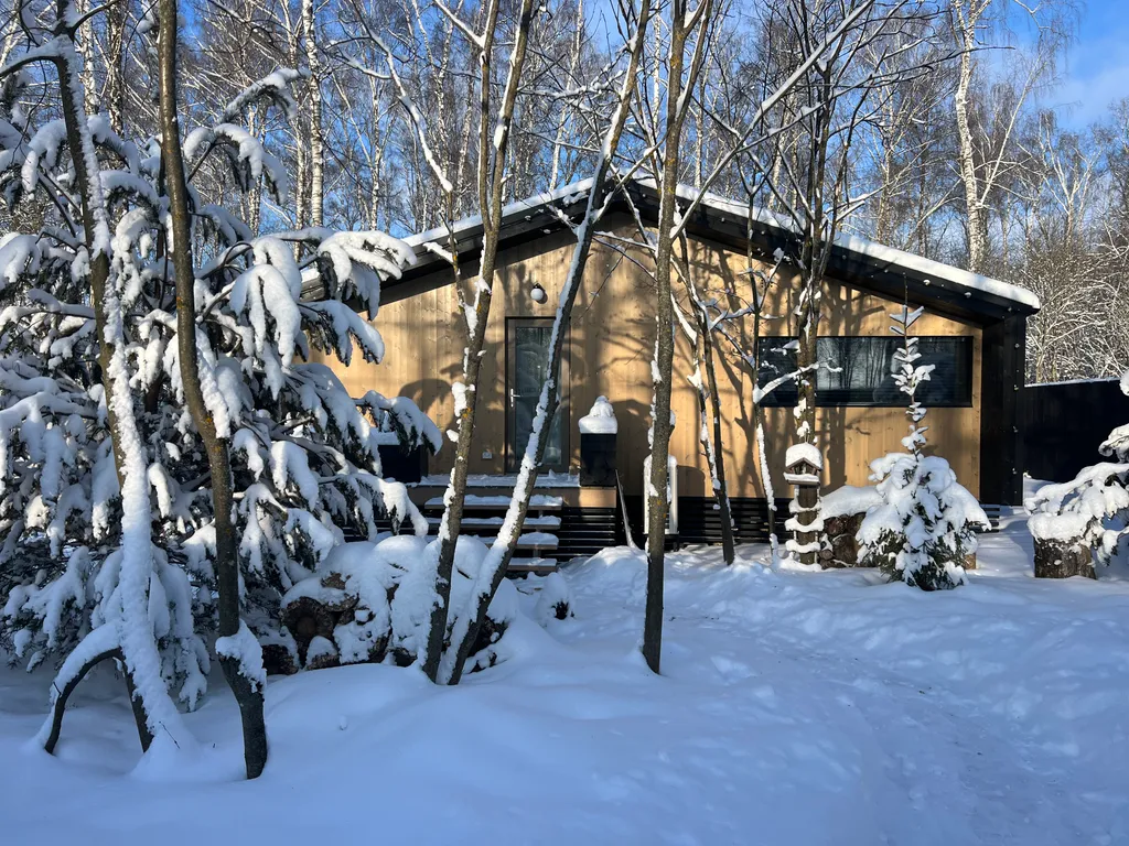 Уютный панорамный дом с баней в лесу