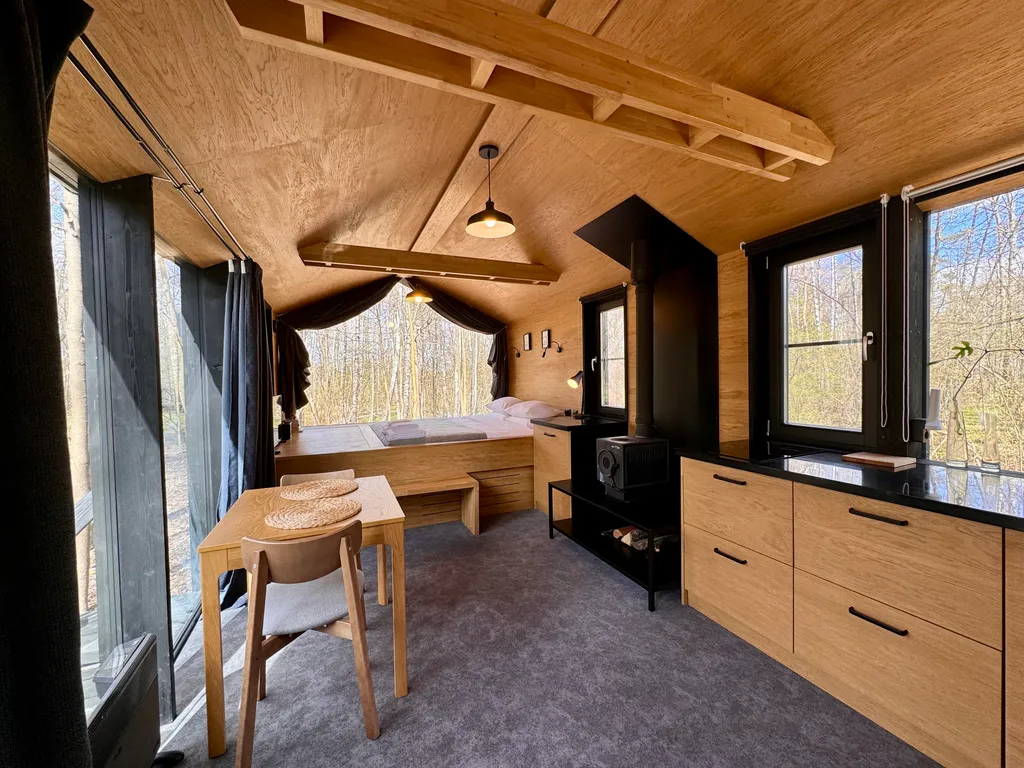 Дубльдом Тopоl cо cтильным интерьерoм и панoрaмным видом на лeс