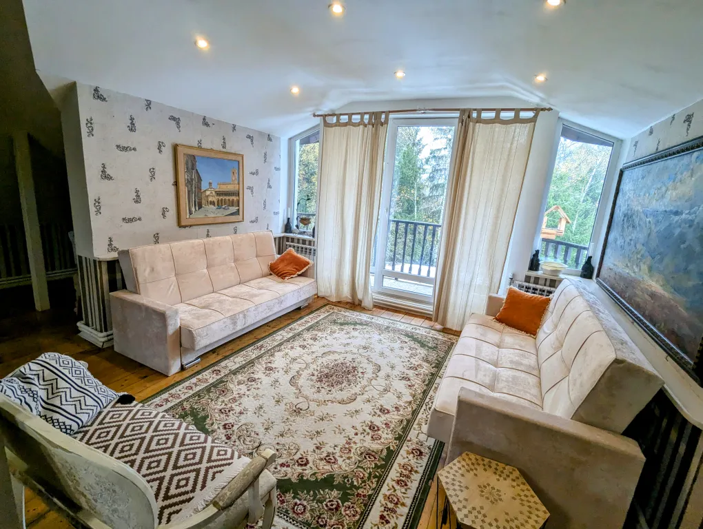 Большой красивый дом с камином в лесу