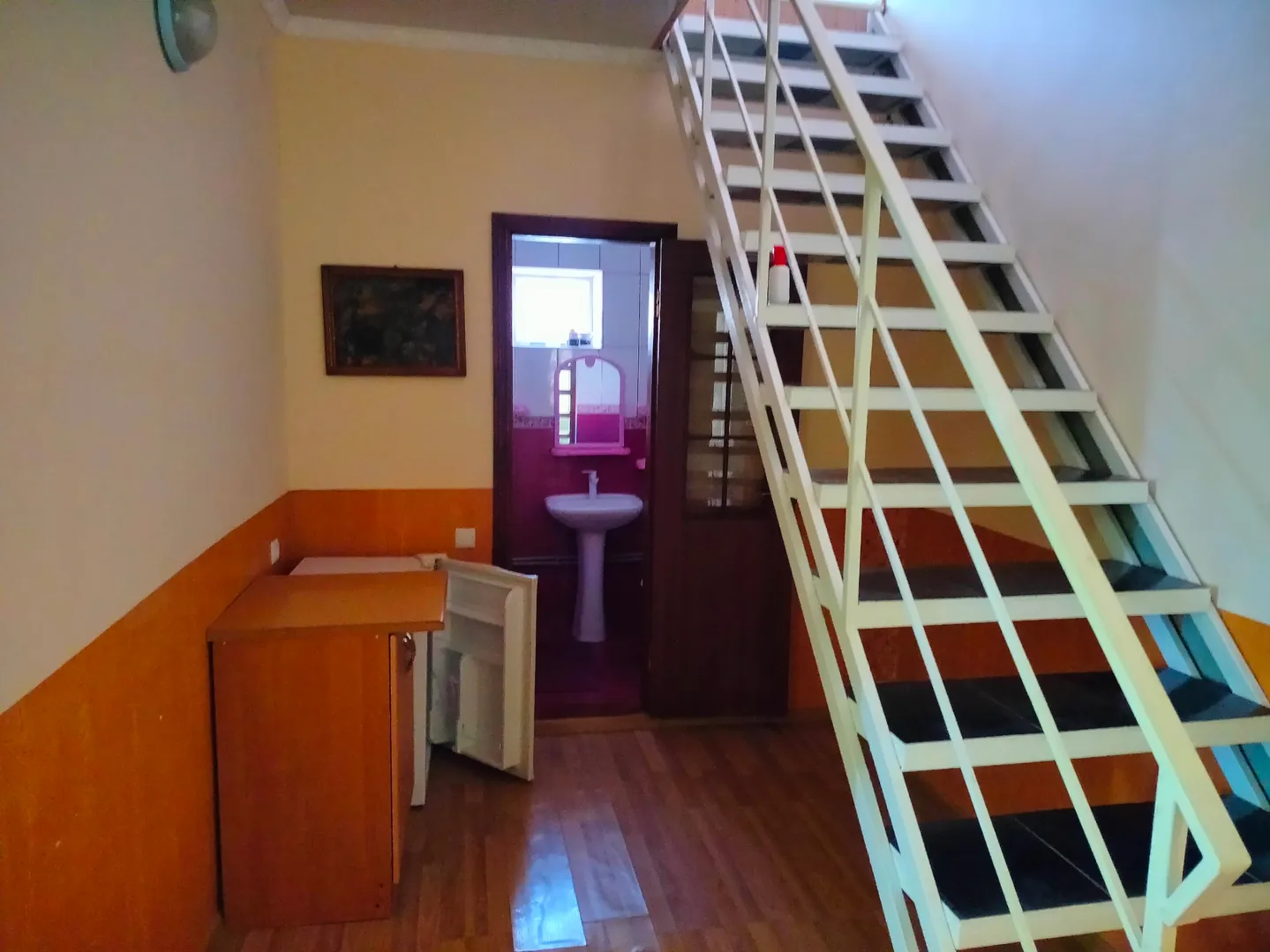 Вид на прихожую. Обзор на холодильник. Вход в санузел.