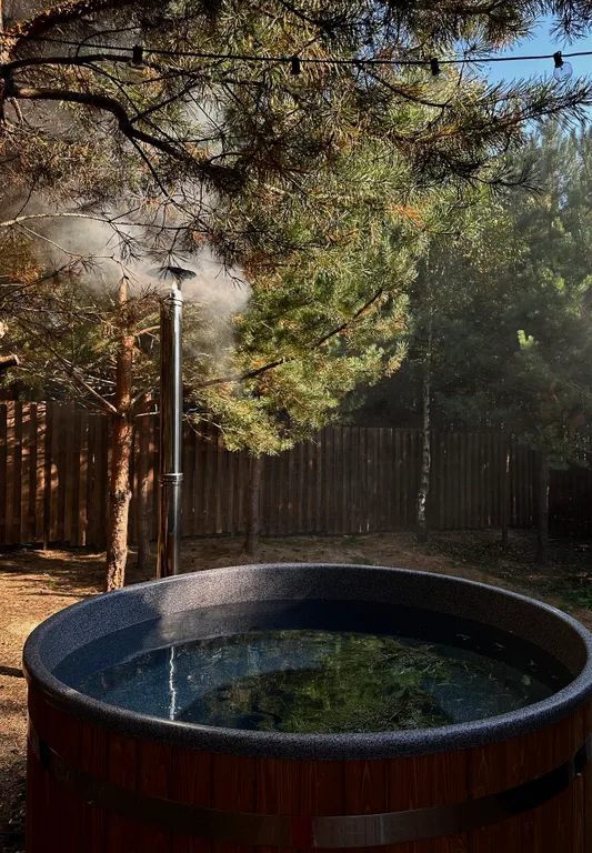 Барнхаус с панорамными окнами и банным чаном фурако