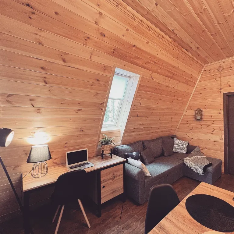 Дом-шале в окружении сосен + зона барбекю с костровой чашей и мангалом