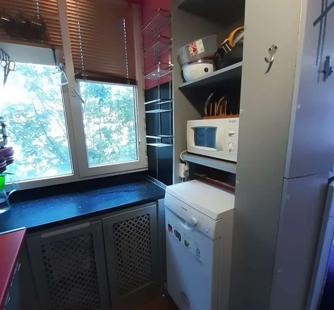 Кухонная зон,: посудомоечная машина, стол, окно, микроволновка, посуда, шкафы (2)