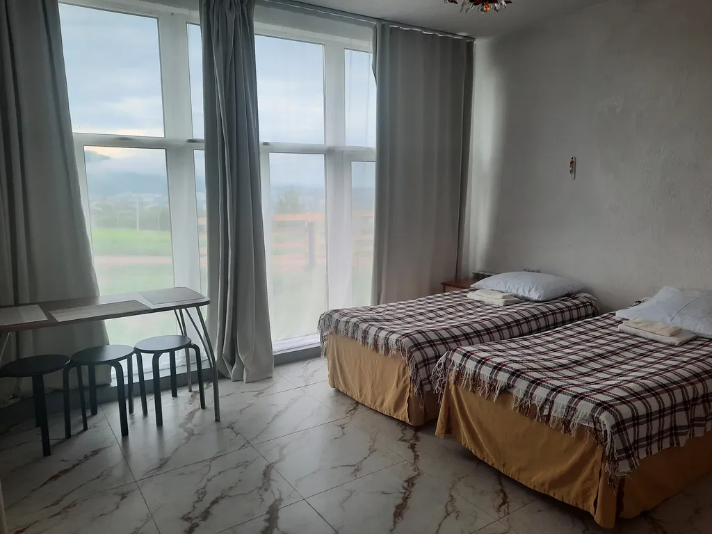 Комната с окнами в пол с видом на горы Белокурихи и город