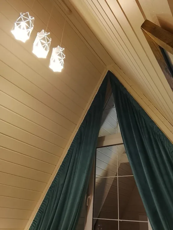 Большой дом А-Фрейм среди молодого елового леса