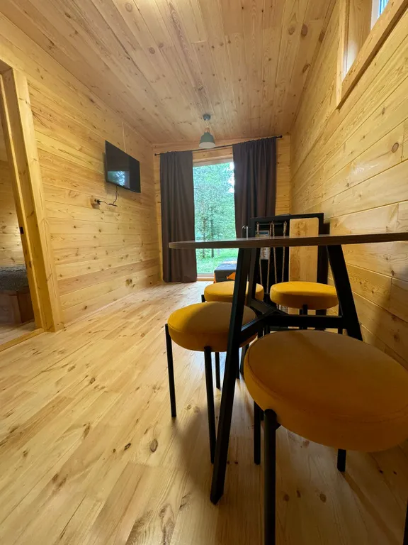 Домик с панорамными окнами в лесу