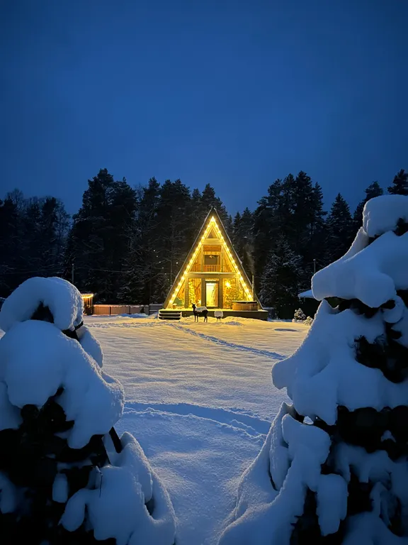 Большой уединенный A-frame в лесу с горячей купелью Фурако