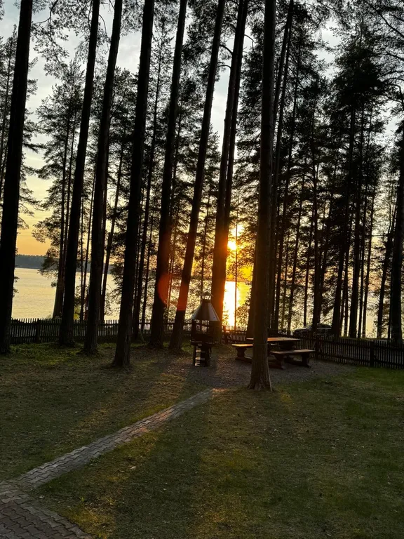 Дом с верандой из бревна у озера