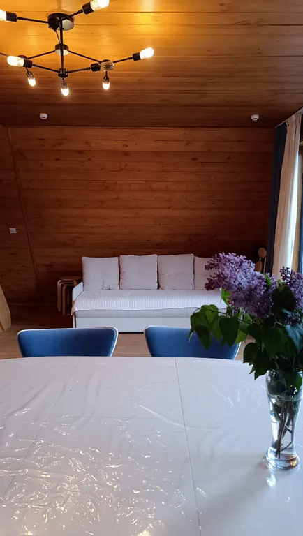 Большой деревянный треугольный дом (афрейм) с видом на бештау