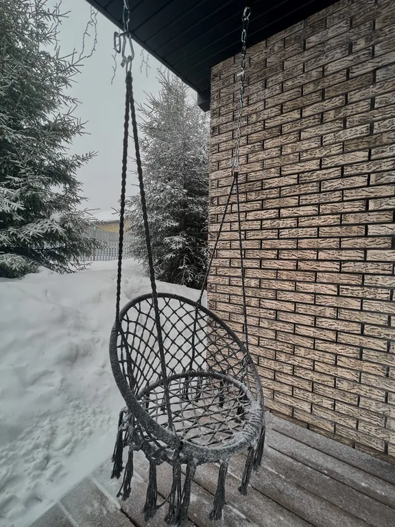 Новый дом в окружении елок с панорамными окнами и баней