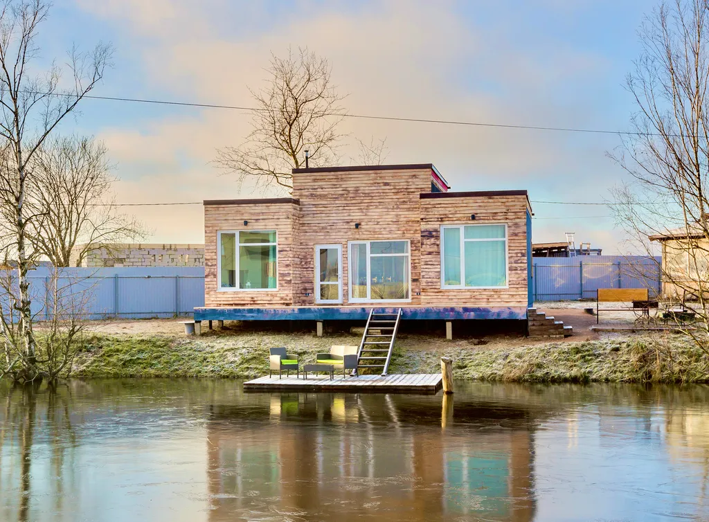 Дом с панорамными окнами на берегу озера, баня, лодка