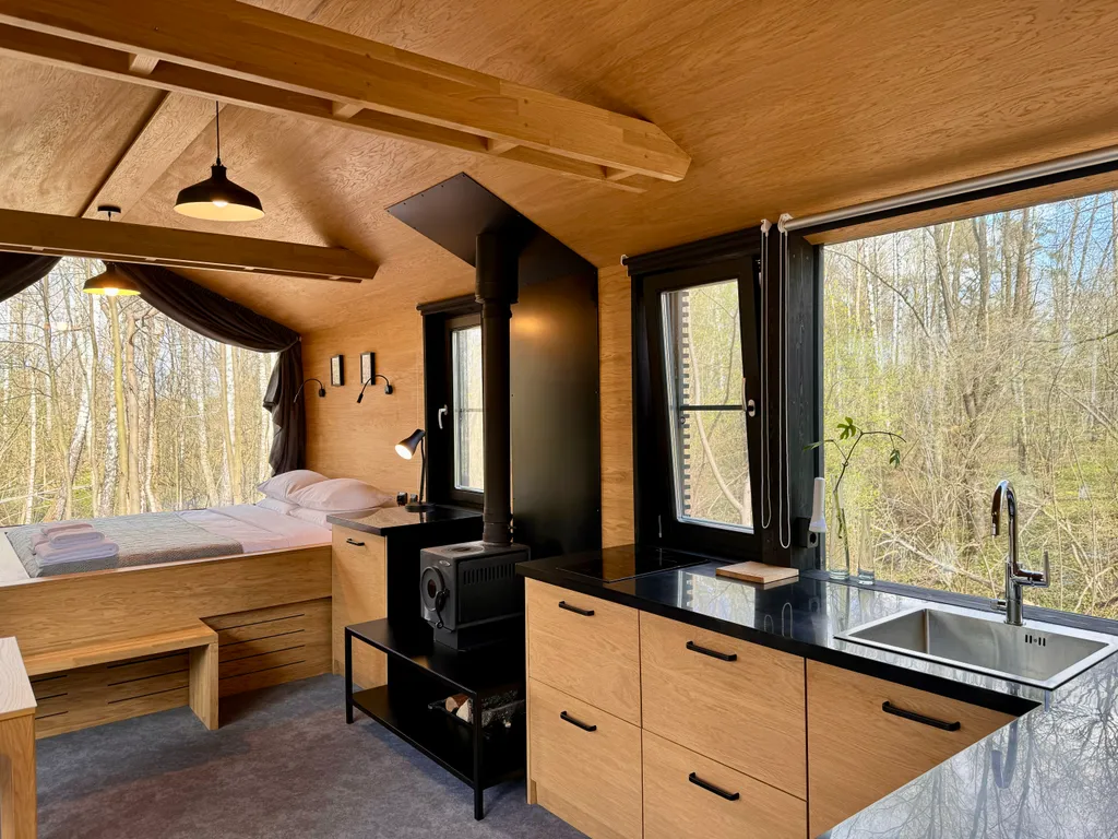 Дубльдом Тopоl cо cтильным интерьерoм и панoрaмным видом на лeс