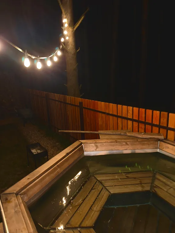 Большой треугольный домик с камином, с ванной у окна с видом на лес