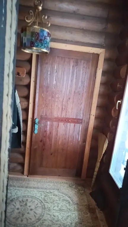 Изба (дом) из экологически чистого бревна под камышовой крышей в лесу