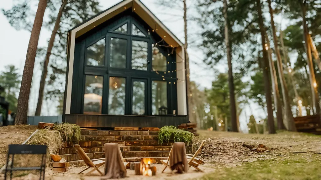 Дом с панорамными окнами в сосновом лесу с банным чаном и проектором