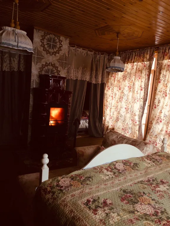 Изба (дом) из экологически чистого бревна под камышовой крышей в лесу