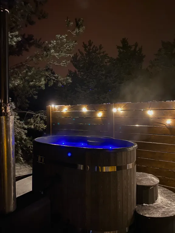 Скандинавский дом с ванной внутри и видом на лес