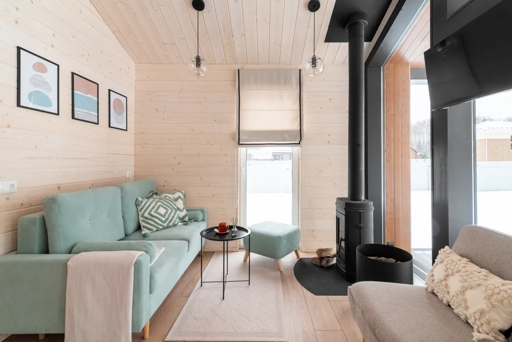 Стильный барнхаус с сауной, камином и панорамой